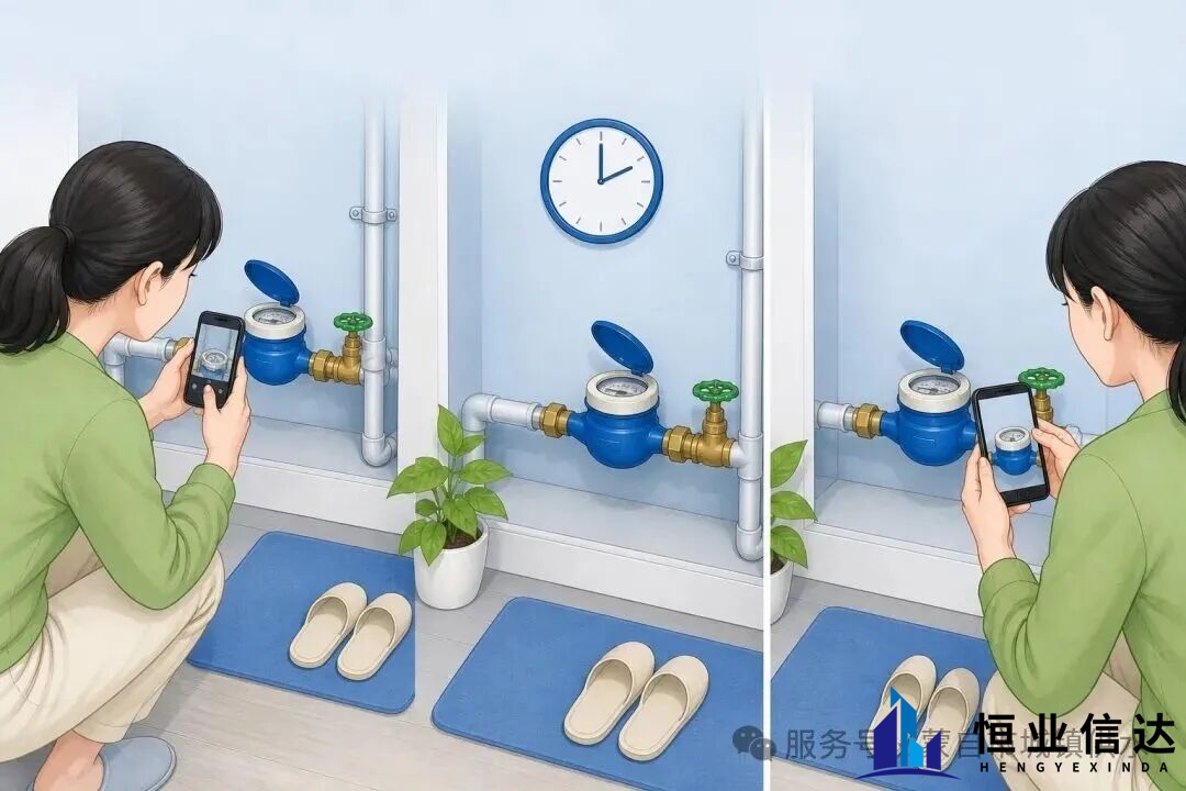 关闭所有用水点后，分两次拍摄水表进行比对